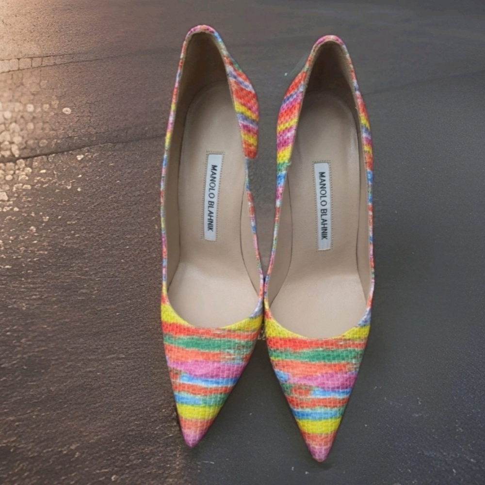 Manolo Blahnik Rainbow Striped Pointed-Toe Pumps - Picture 3 of 6